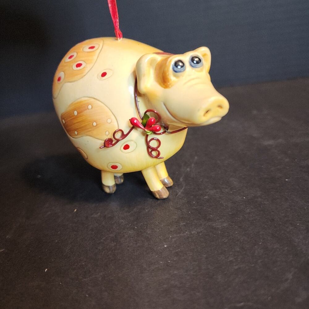 Holiday Ornament Big Eyed Piggy Dangle Legs 4" Ceramic Figurine Holly Collar